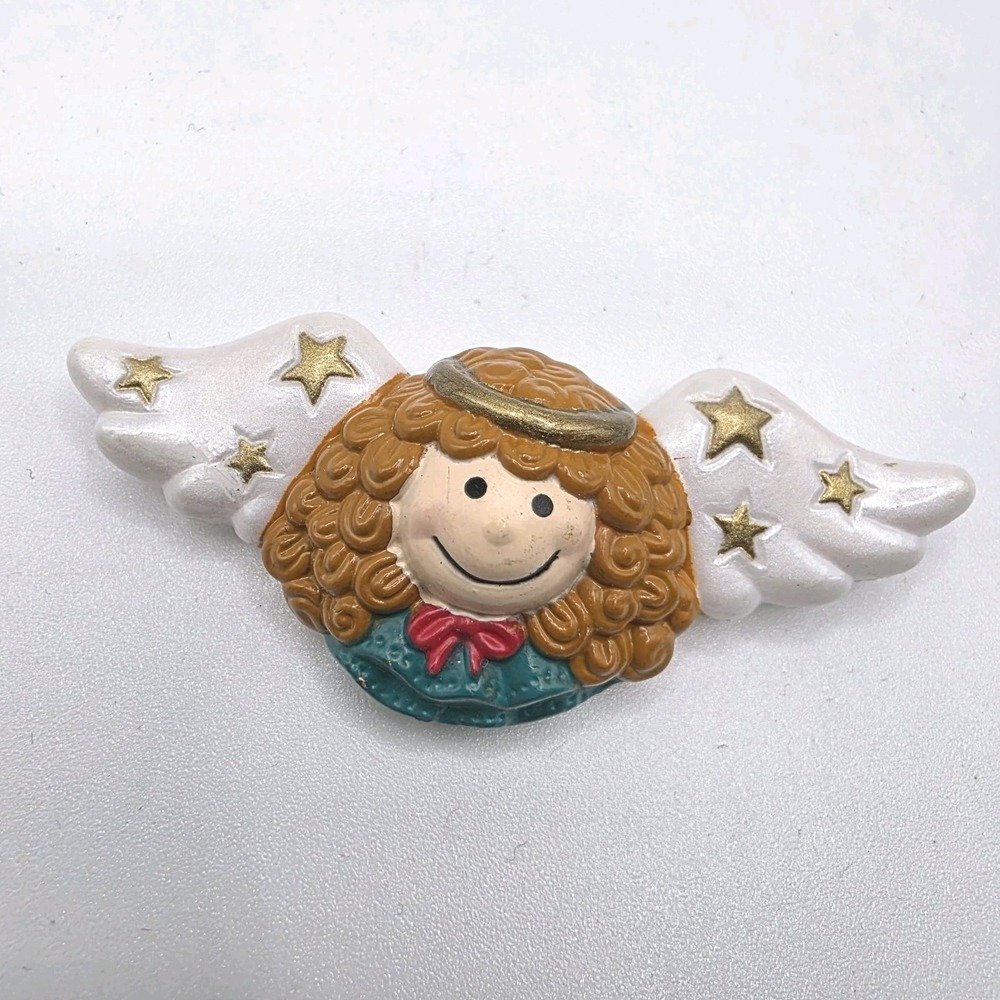 Russ PIN Christmas ANGEL Redhead with Stars 1980s Holiday Brooch Vintage